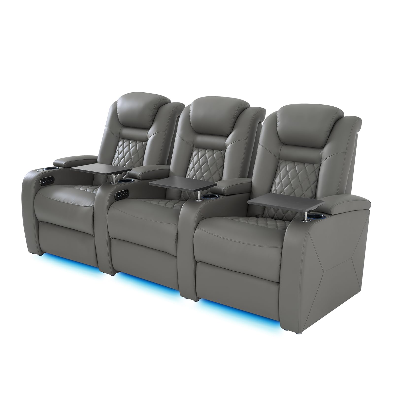 Home Theater Seating, Classic Series Leather Movie Theater Chairs, Power Headrest and Memory with C-Type USB Charger, 7-Color Ambient Lighting and Tray Table, Gray Power Adjustable Recliner(Row of 3)