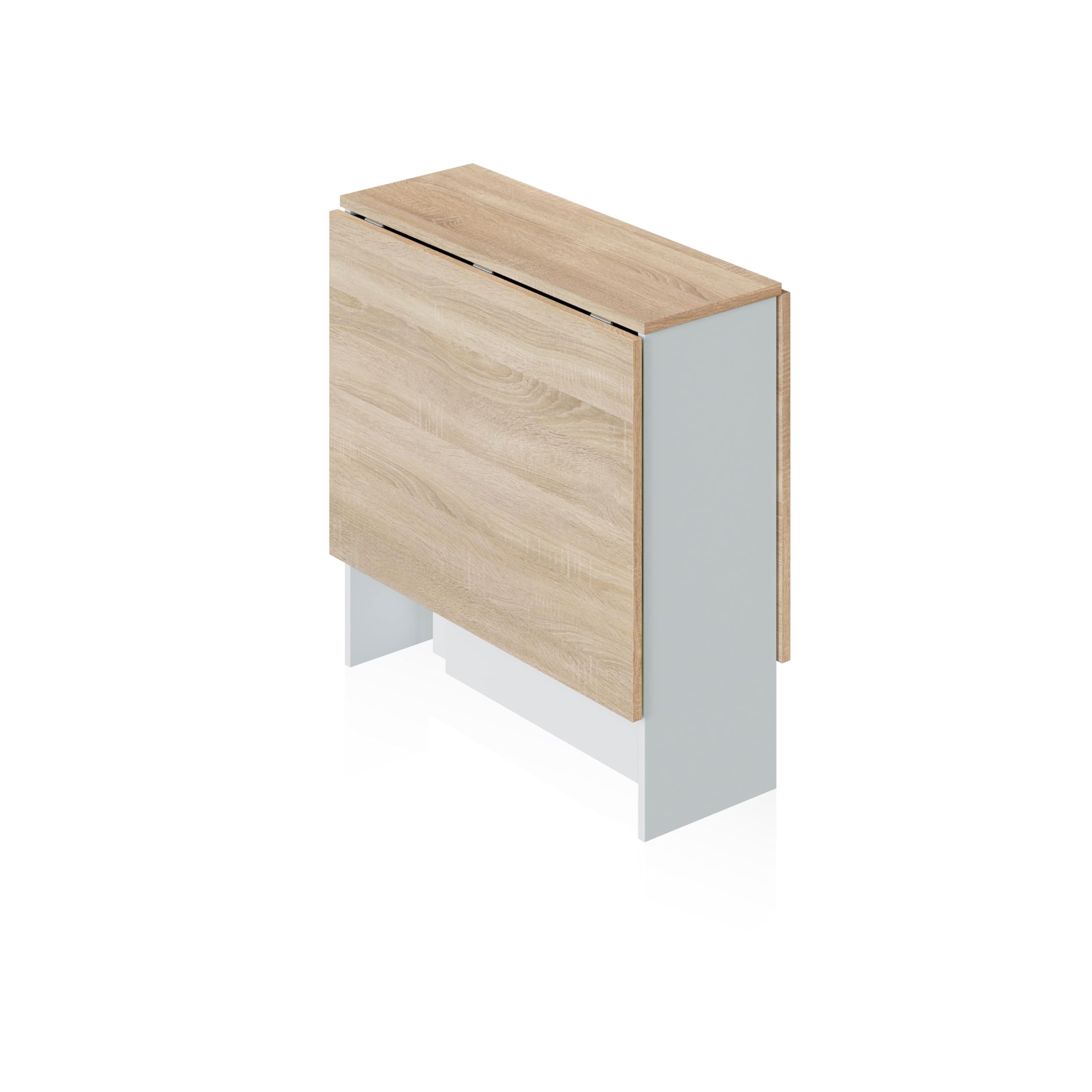duehome | Mesa Auxiliar con Alas Abatibles, Mesa Cocina, Acabado en Color Blanco Artik y Roble Canadian, Modelo Nolix, Medidas: 77 cm (Largo) x 31-140 cm (Ancho) x 79 cm (Alto)