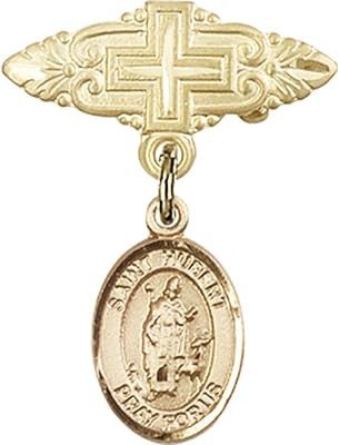 14kt Yellow Gold Baby Badge with St. Hubert of Liege Charm and Badge Pin with Cross 1 X 3/4 inches
