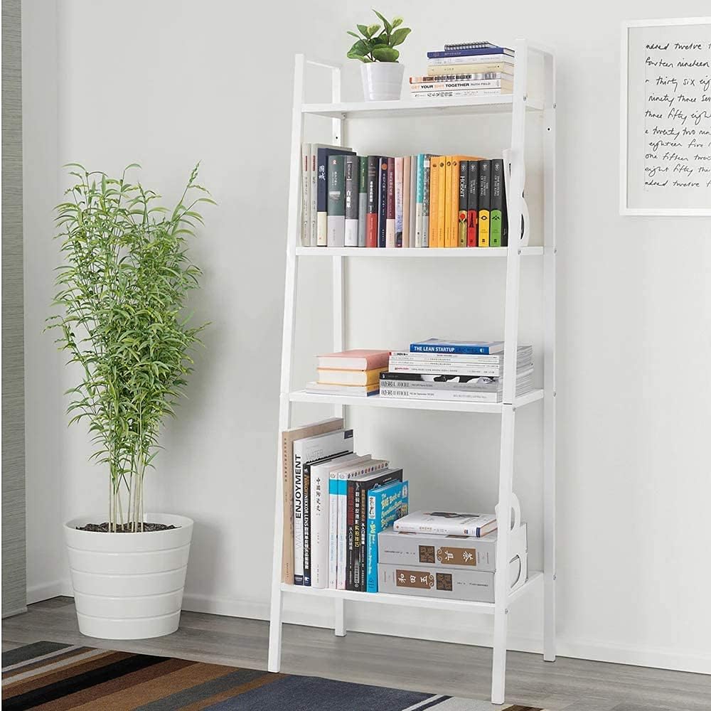 Ladder Shelf,Black Bookshelf 4 Tier Small Bookshelf,Ladder Shelf Bookcase,Tall Bookshelf,Leaning Bookshelf,Skinny Bookshelf, Bookshelf for Bedroom,Modern Bookshelf (White)