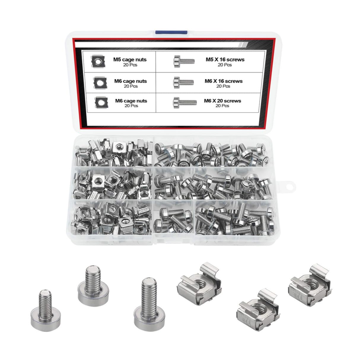 PRETYZOOM (60 Pairs) M5 X 16mm and M6 X 20mm/16mm Server Rack Screws with Cage Nuts Kit, Computer Rack Mount Cage Screws and Square Insert Nuts for Server Cabinet Mounting