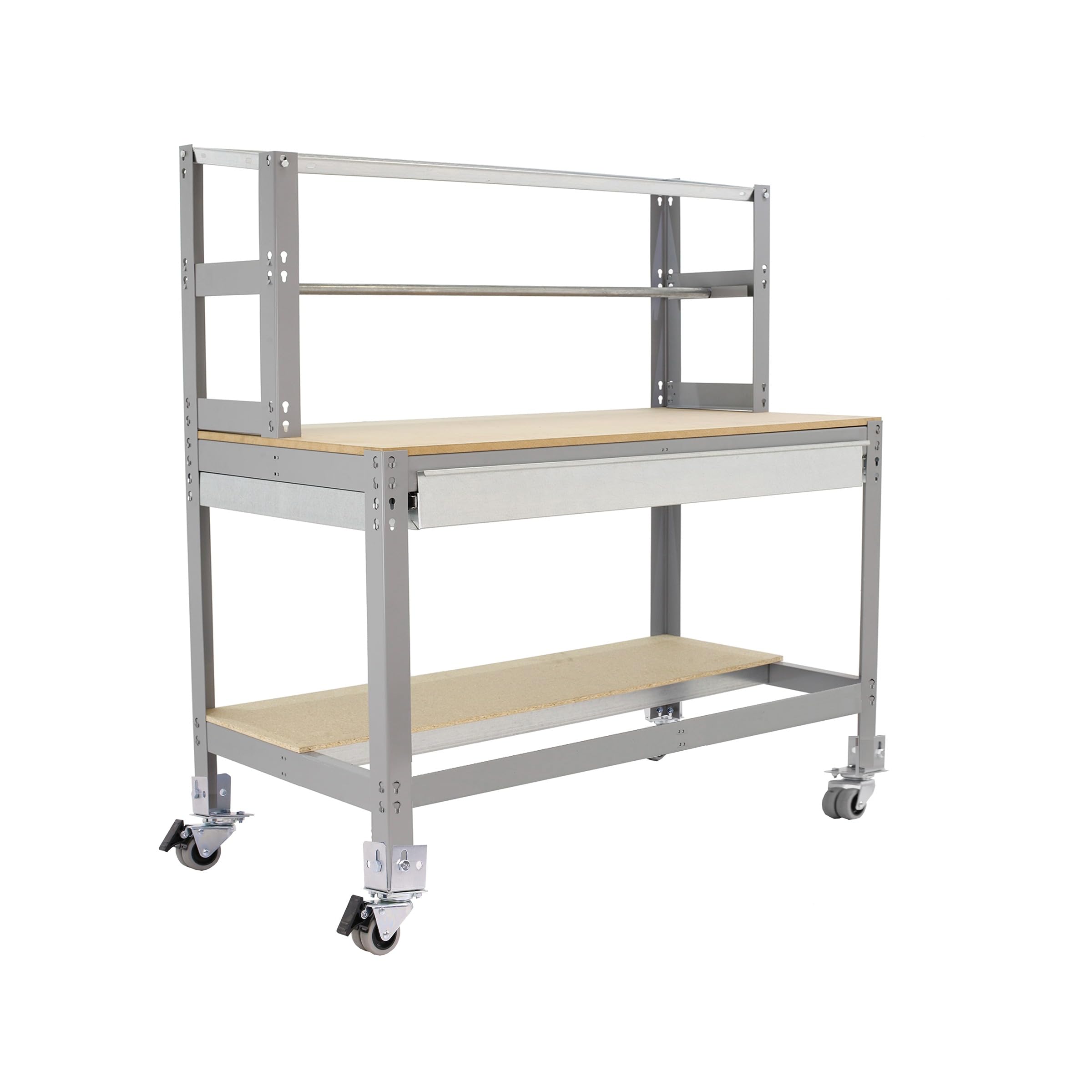 Simon Rack Banco de Trabajo Taller con Ruedas 1510x760 mm - BT4 | Porta Rollo y Cajón, Tablero madera 16 mm, Capacidad Carga 120 kg, Gris , Pintura anticorrosión, Montaje sistema clic