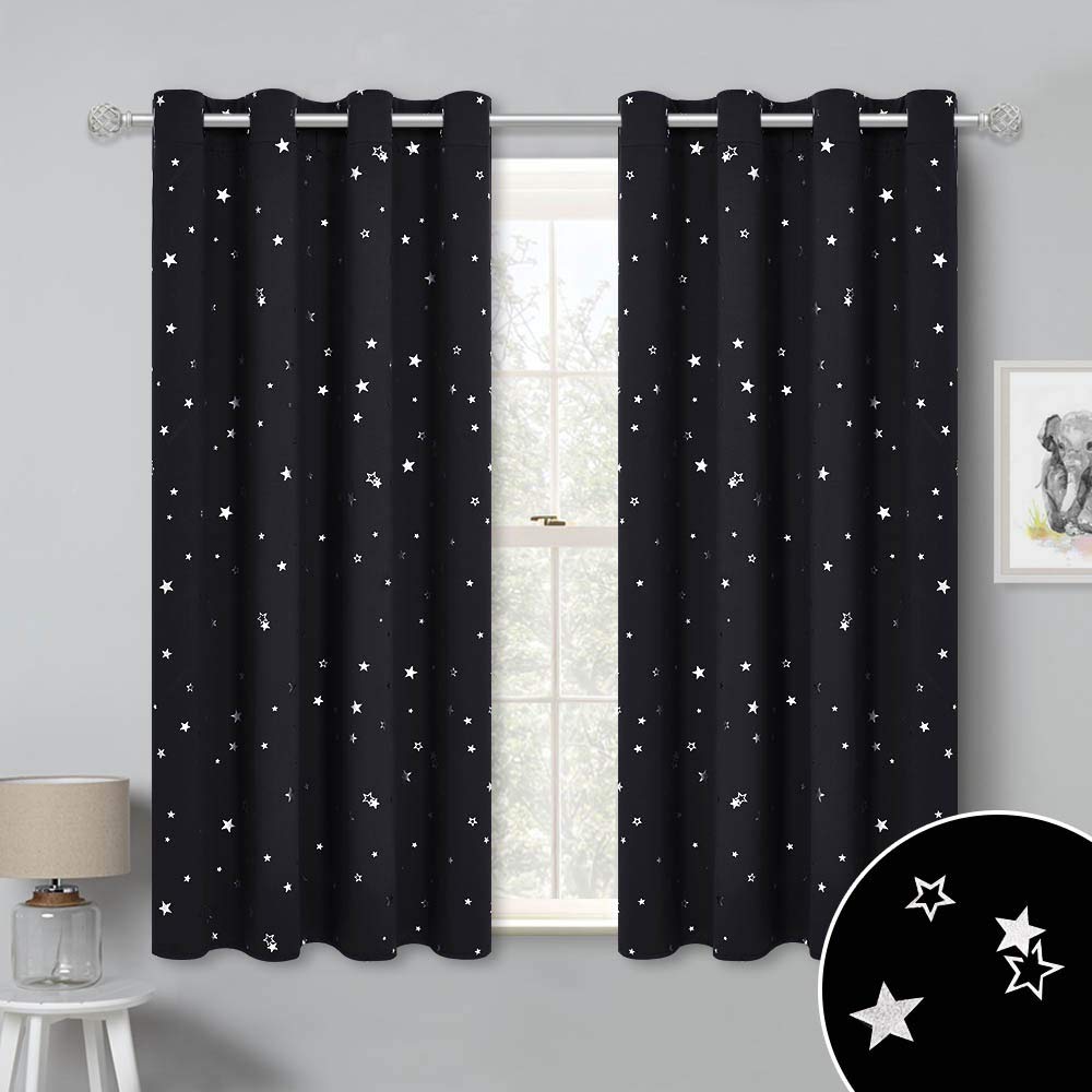 RYB HOME Kids Curtains Blackout - Twinkle Star Curtains Grommet Sun Light Block Drapes Teen Curtains for Bedroom Office School Dorm Living Room Décor, Black, 52-inch Width x 45-inch Length, 2 Pcs