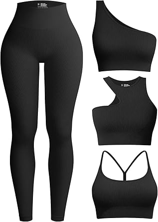 OQQ Womens 4 Piece Workout Outfits Ribbed Yoga High Waist Leggings with 3 Piece Crop Tops with Sports Bra Exercise Set