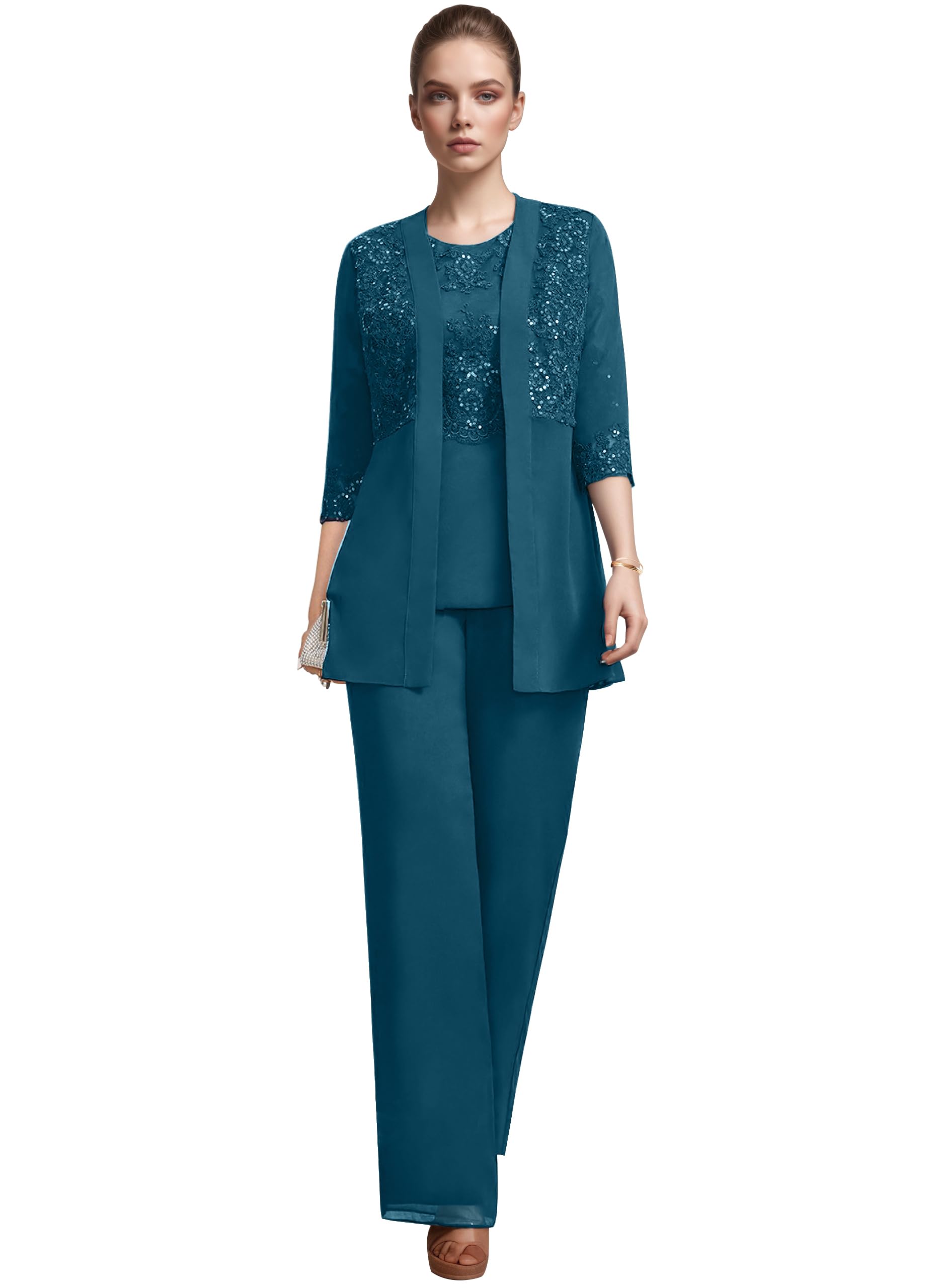 3 Pieces Mother of The Bride Pant Suits for Women Dressy Pantsuits Wedding Guest Chiffon Formal Outfits with