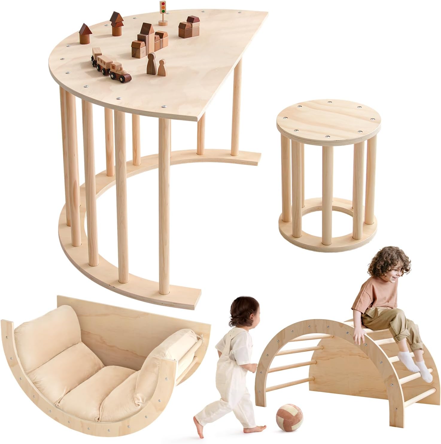 Avrsol Kids Climber Arch Rocker with Cushion Set - Wooden Climber Montessori Table Climbing Gym Arch Toys Indoor with Stool for Kids, Pillow for Arches