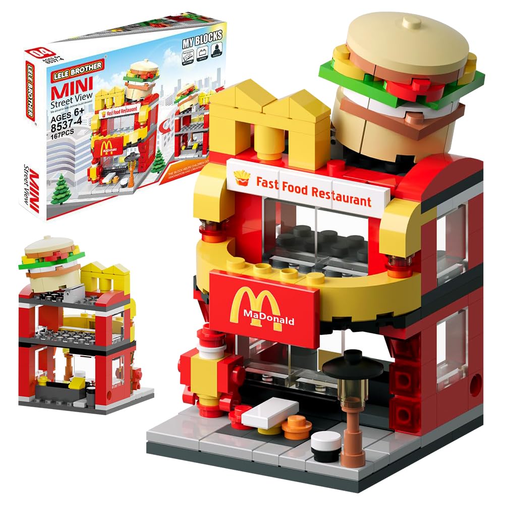 167 PCS City Street View Burger Shop Building Blocks Set, MOC Modular Simulation Architecture Model, DIY Collectible Construction Bricks, Creative Building Toy Gift for Boys & Girls Ages 7-14