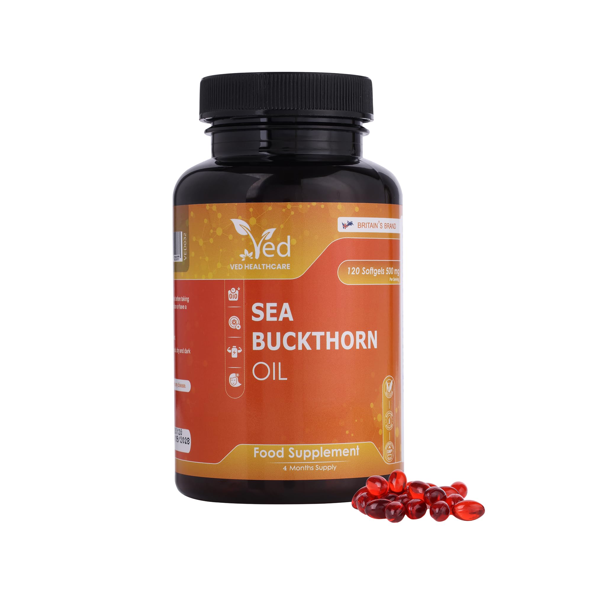 VED Sea Buckthorn Oil Soft Capsules | Boost Immune System | Omega-7 500 mg | 120 Softgels.