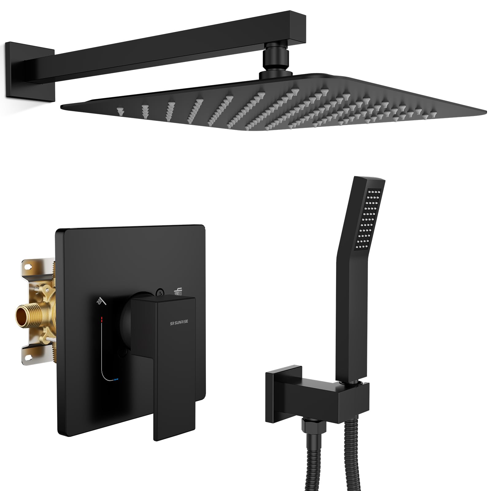 Photo 1 of SR SUN RISE Shower Faucet Set & System - 12 Inch Rainfall Shower Head & Handle Set Wall Mounted Matte Black Solid Brass Valve Trim Kit Included