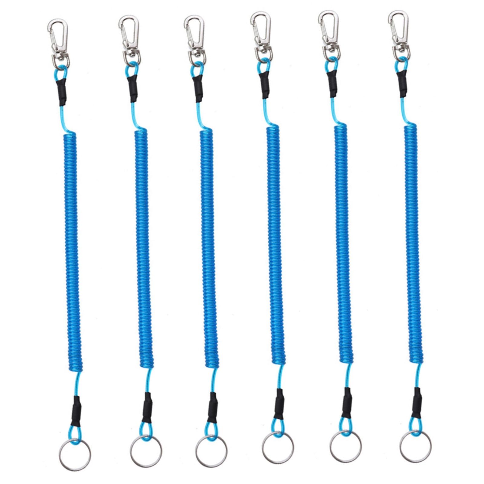 6PCS Fishing Lanyard Spiral Keyring Heavy Duty Retractable Coiled Tether with Carabiner and Split Ring for Pliers, Boating, Tools, Blue