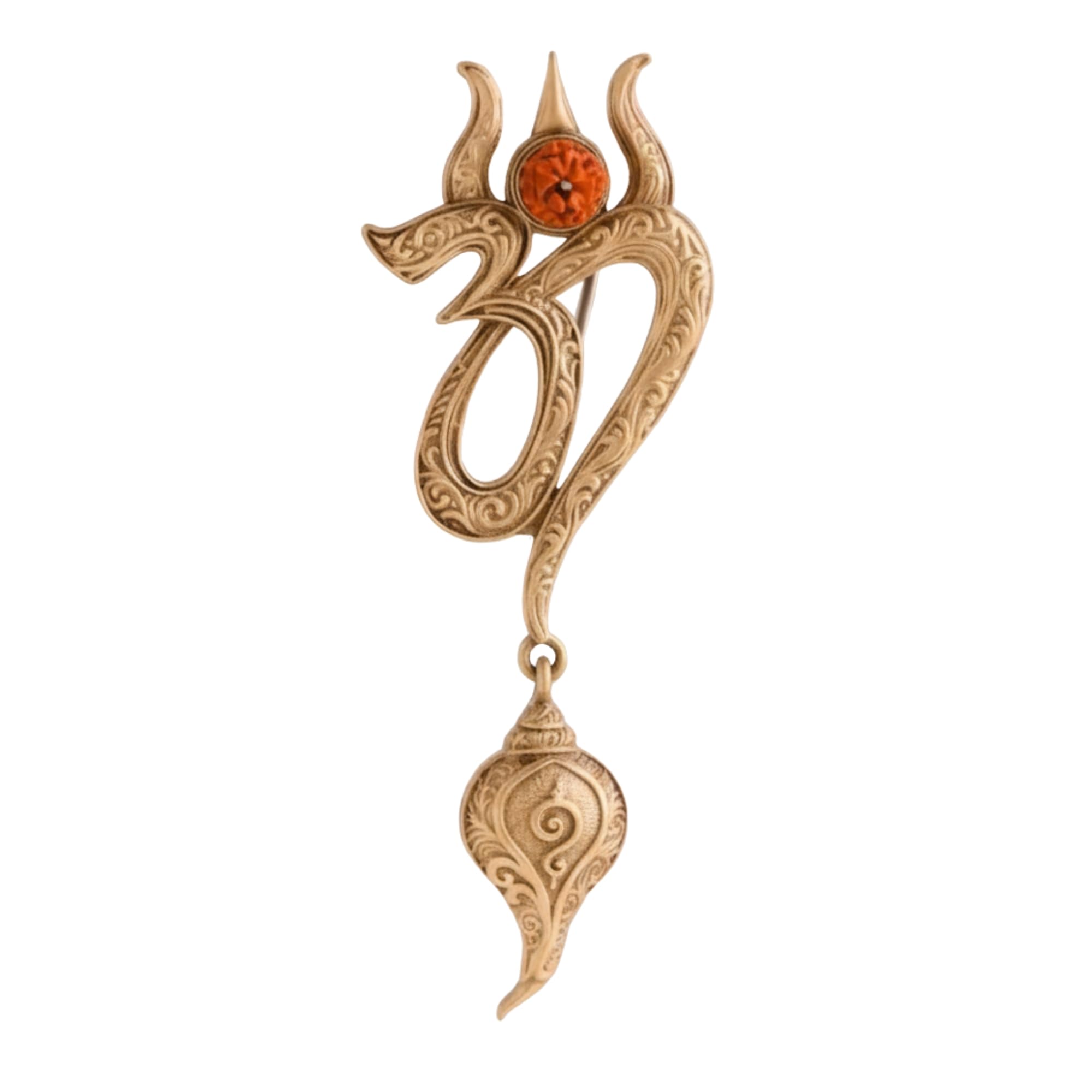 Divine Trinity Fusion Brooch - Antique Gold Om, Trishul, and Shankh Lapel Pin with Rudraksha Drop-image-28