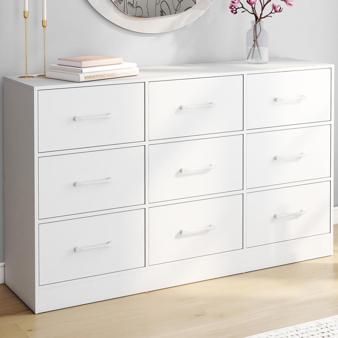 IDMarket UPPAH - Cajonera 9 cajones de tela (113 cm, mueble de almacenamiento de madera, color blanco