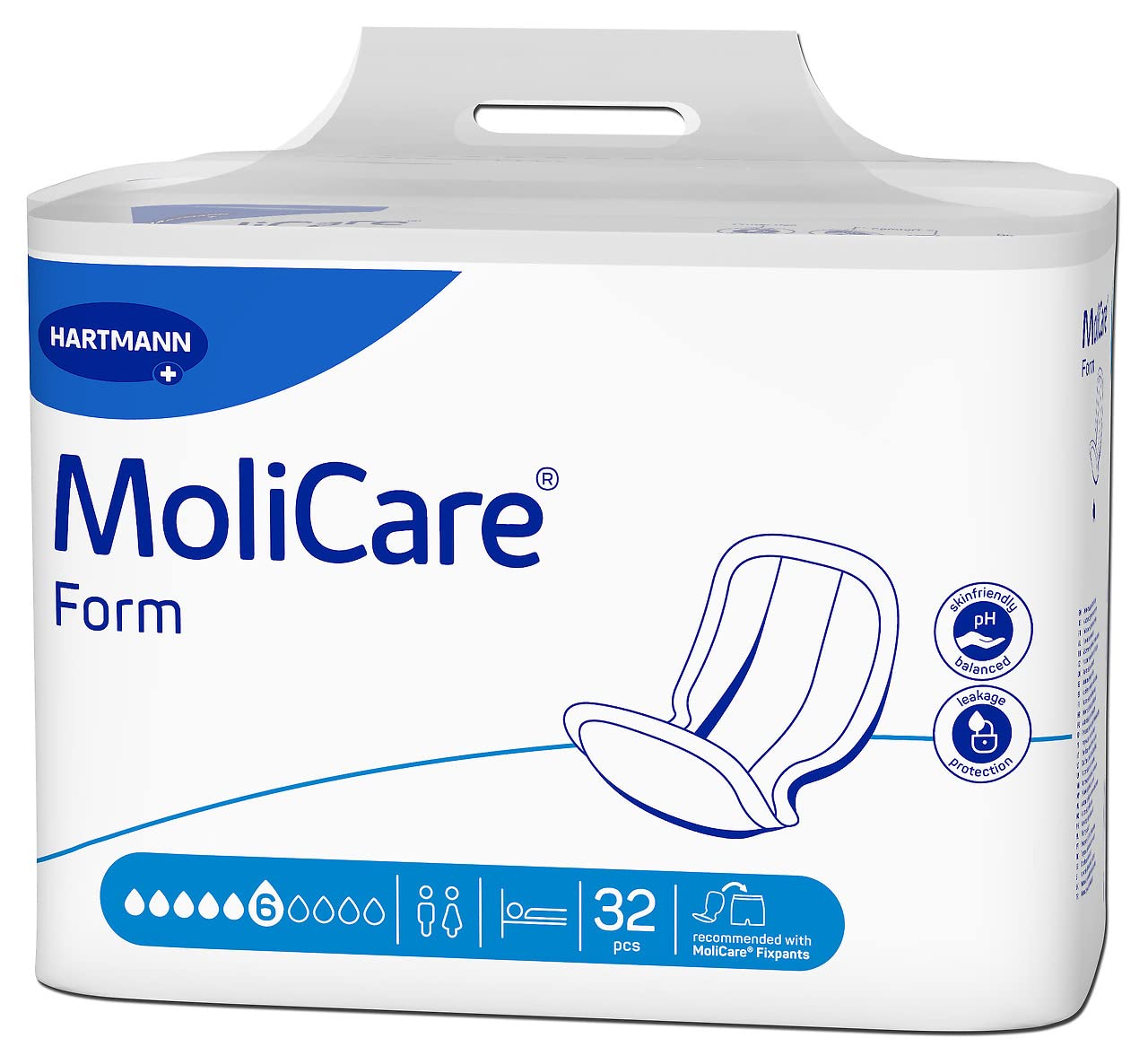 Molicare Forma 6 kropli, do średniego nietrzymania moczu: wysokie bezpieczeństwo, dodatkowa ochrona przed wyciekiem i dyskrecja dla kobiet i mężczyzn, 4 x 32 sztuki