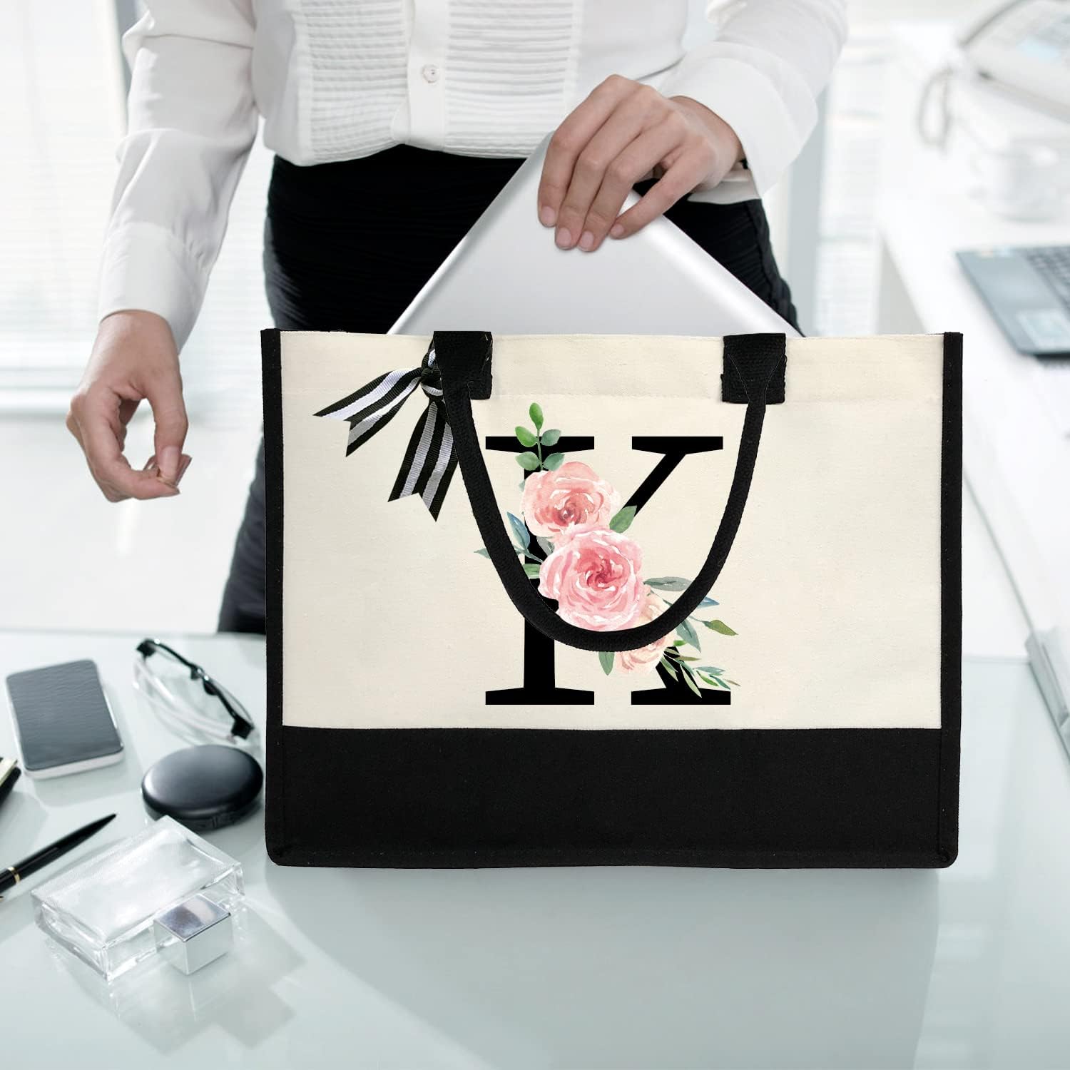 Personalized Initial Canvas Tote Bag for Women, Beach Bag with Inner Zipper Pocket for Wedding, Birthday, Holiday - Image 2