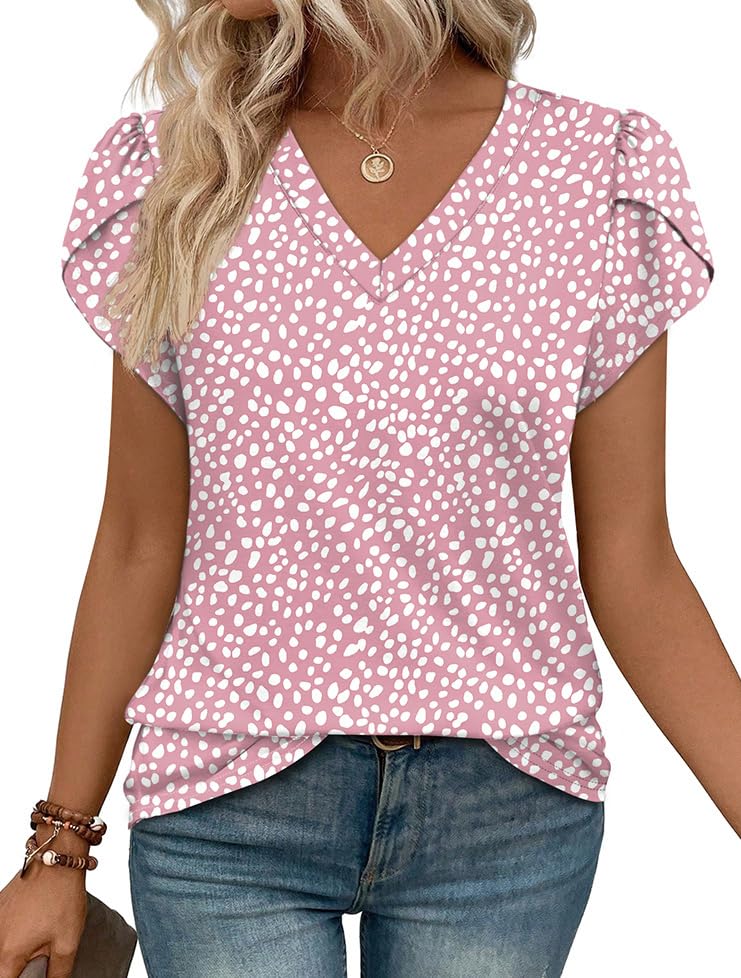 WIHOLL Womens Tops Dressy Casual Short Sleeve Shirts for Women V Neck Work Blouses 2025 Trendy Summer Clothes Pink Dot M