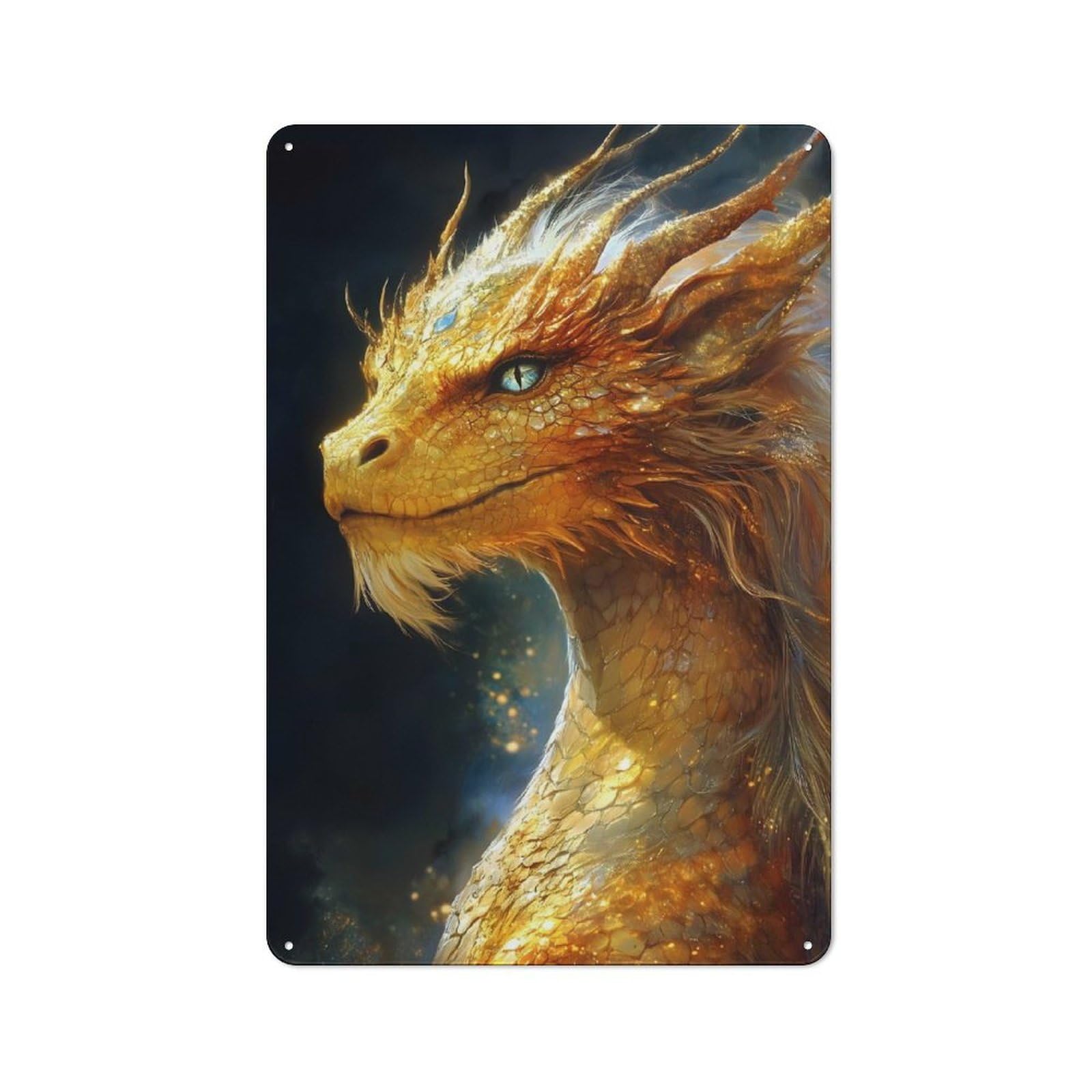 Junmoney Style-11 Tin Sign 30X20cm With Golden Dragon Portrait For Workshop Wall, Rustic Decor, Suited To Workshop Decor Fans