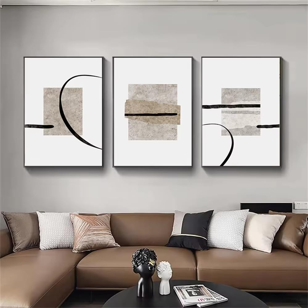 Awtrhfc No Frame Abstract Color Block Beige Black Line Posters And Prints Minimalist Wall Art Nordic Print Pictures Bedroom Decor(20X30cm(8X12in) X3/No Frame)