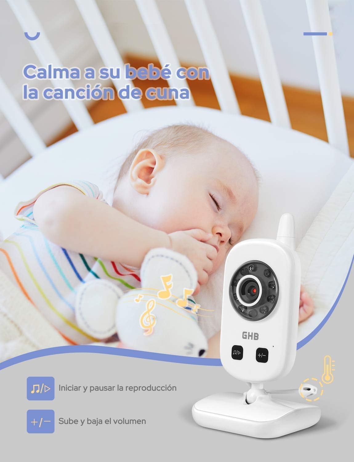 GHB Camara Vigilancia Bebe Vigilabebes con Camara LCD 2.4" | Comunicación bidireccional, VOX Visión Nocturna Visión Detección de Temperatura, Canciones de cuna