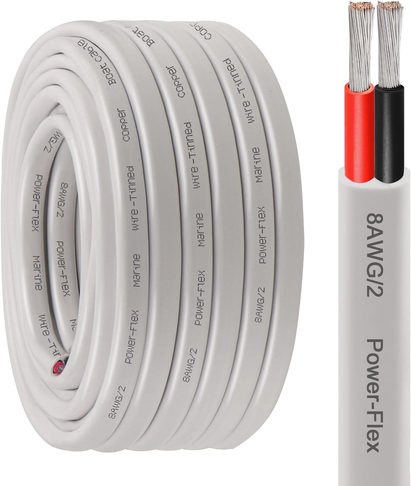 8 Gauge Duplex Marine Wire Tinned Copper Boat Cable, 20ft 8 AWG Standard USA OFC Oxygen Free Copper Wire for Automotive Boat Speakers Solar Outdoors