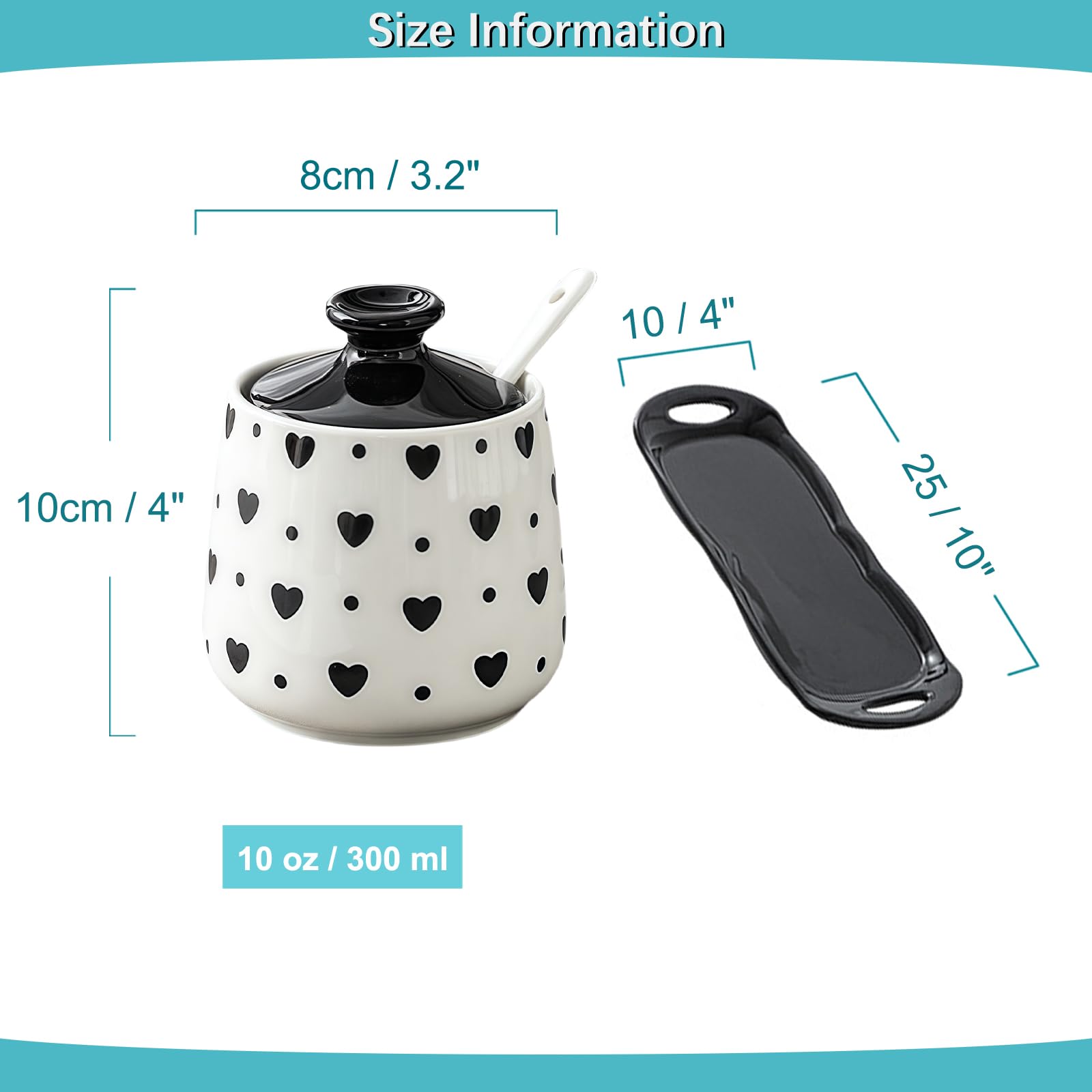 Zuccheriera con coperchio e cucchiaio, set da 2, in ceramica, con vassoio (bianco-D)