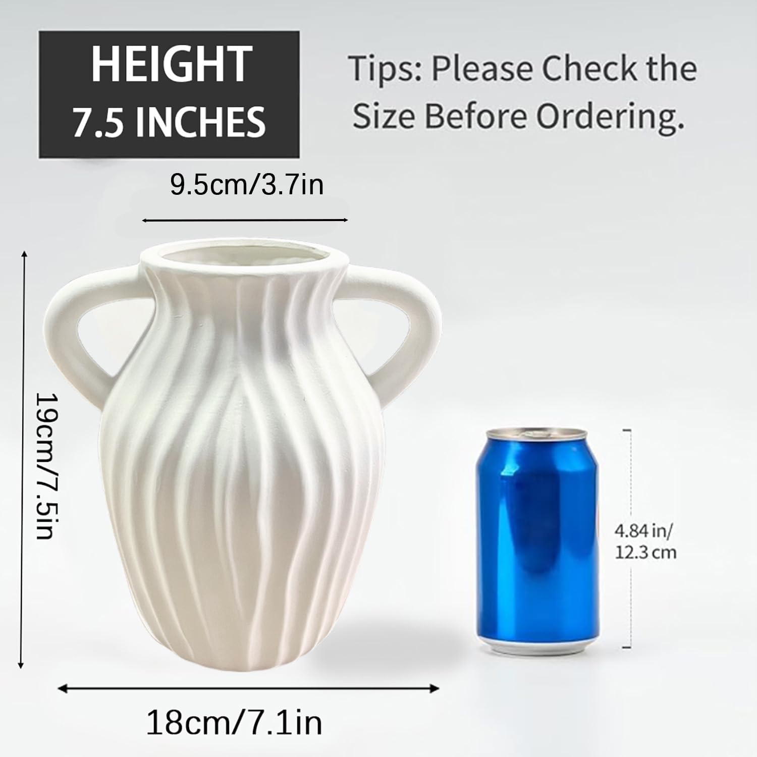 White Ceramic Vase with Double Handles, Textured Surface, 8.27" Tall, Modern Home Decor for Living Room, Bedroom, Dining Table