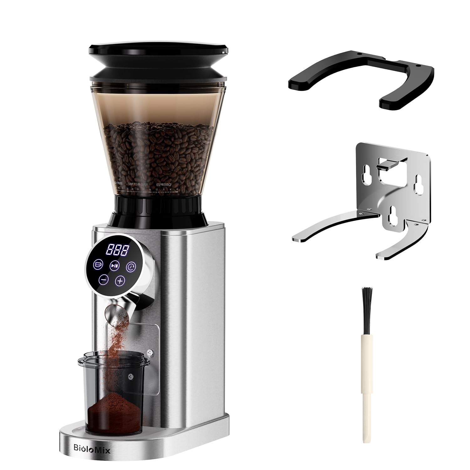 Moulin à Café Électrique Professionnel Biolomix avec Broyeur Conique 48 Réglages de Mouture,Compatible Portafiltres 51-53mm 58mm, Conteneur Anti-Adhésif et Mémoire Intelligente (CG210-2-EU) | Pour 1 à 12 tasses avec minuterie tactile numérique et tasses,