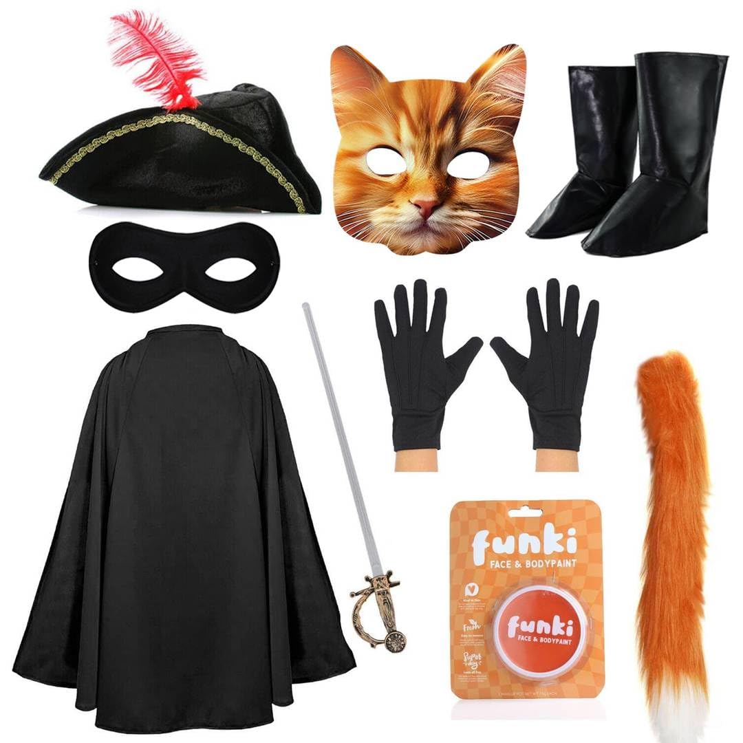 Kids Cat Bandit Hero Costume Set - Boys Girls Feline Adventurer Outfit Includes Black Cape, Feathered Hat, Card Mask, Boot Covers, Sword & Tail - World Book Day, Halloween - Childs Fancy Dress Costume