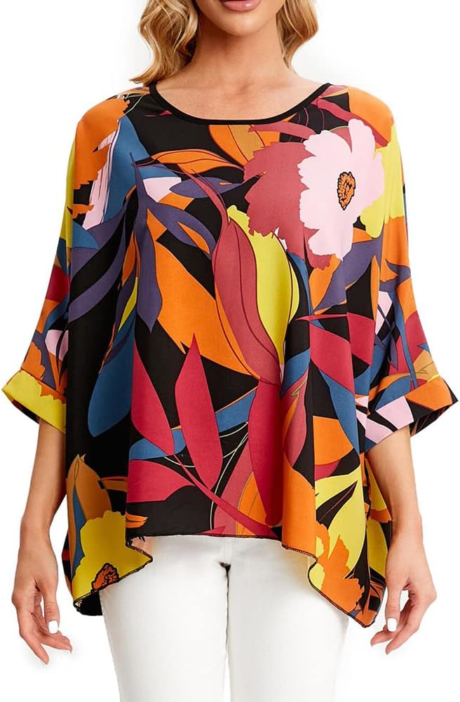 Womens Batwing Loose Chiffon Summer Blouse Tunic Floral Printed Boho Beach Cover ups, 4428, One size
