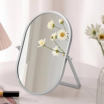 Dressing Table Mirror Silver Make Up Mirrors Folding Desk Mirror 90 Adjustable Rotation Oval Portable Metal Framed Vanity Mirrors for Living Room Bathroom Bedroom Office