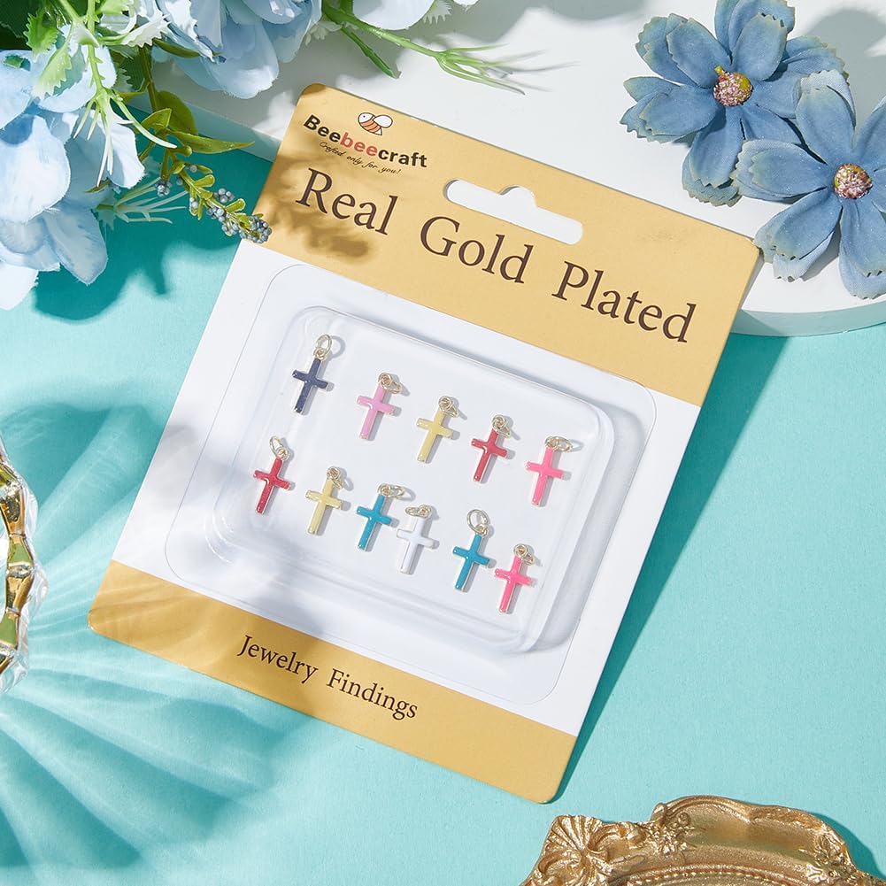 Beebeecraft 13Pcs 7 Colors Enamel Cross Charms 18K Gold Plated Brass Colorful Crucifix Charms with Jump Ring for Jewelry Making Bracelet Earring Necklace