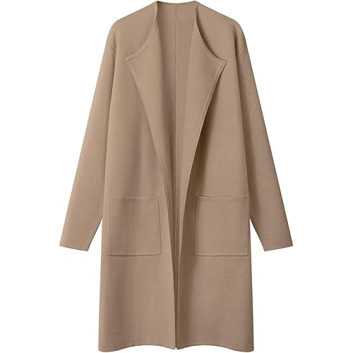 MEROKEETY Women's Open Front Coatigan Sweater Long Sleeve Casual Knit Lapel Cardigan Coat with Pockets