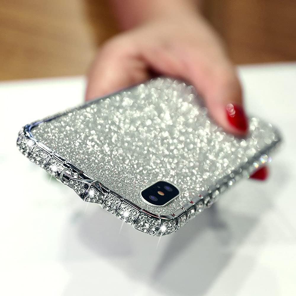 LUVI for iPhone 8 Plus Bling Glitter Diamond Case for Women Girl Cute Sticker Skin Rhinestone Metal Bumper Frame Plating Crystal Shiny Sparkle Fashion Luxury 3D Case for iPhone 8 Plus Silver