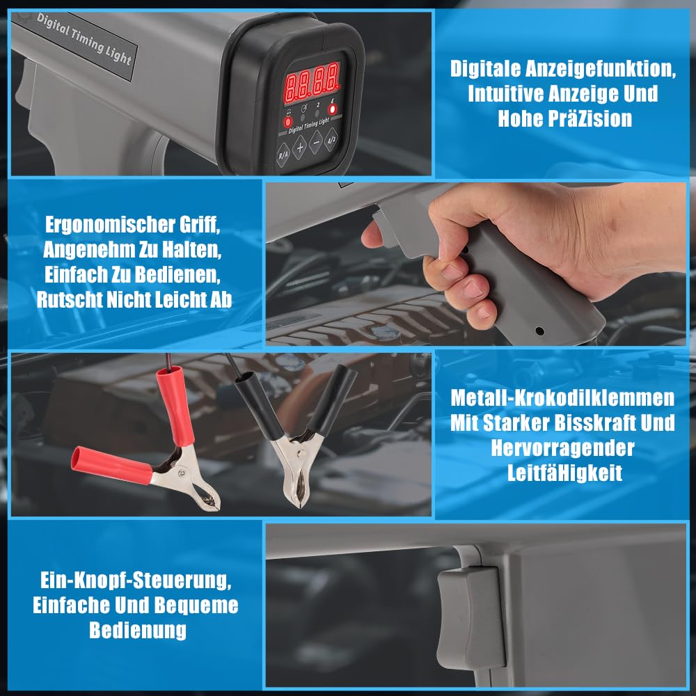 di controllo digitale del motore, luce stroboscopica induttiva, 12 V, per auto, moto, marina, materiali: ABS, display digitale, design ergonomico della pistola