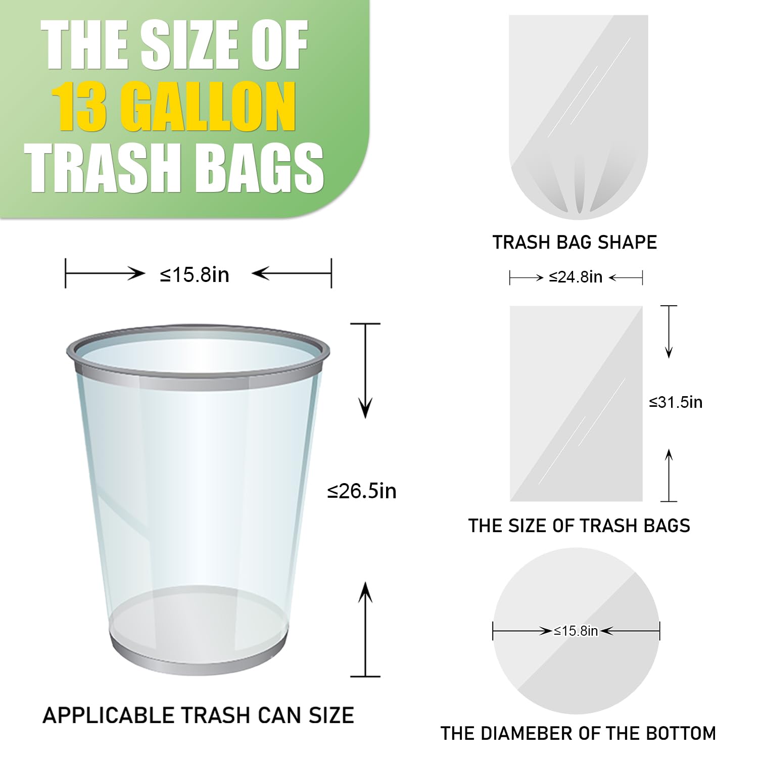 Bolsas de basura de cocina de 13 galones de alto, 110 bolsas de basura de plástico transparente sin perfume, bolsas de basura fuertes de 49.2 litros para contenedores del hogar y la oficina