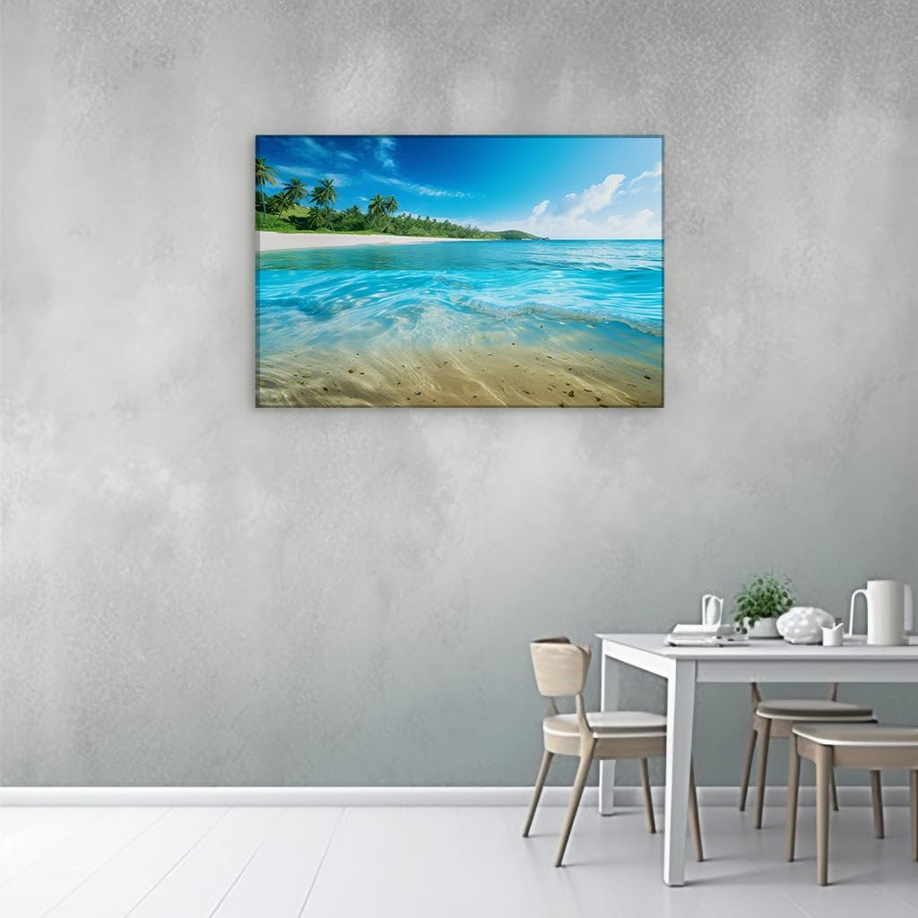 Canvas for Living room. Serenity by the Shore � A Mesmerizing Blend of Blue Seas, Pristine Sands, and Lush Palms, 27 x 18 inch Canvas Wall Art - Ready to Hang - 69x46 cm (27x18 inch)