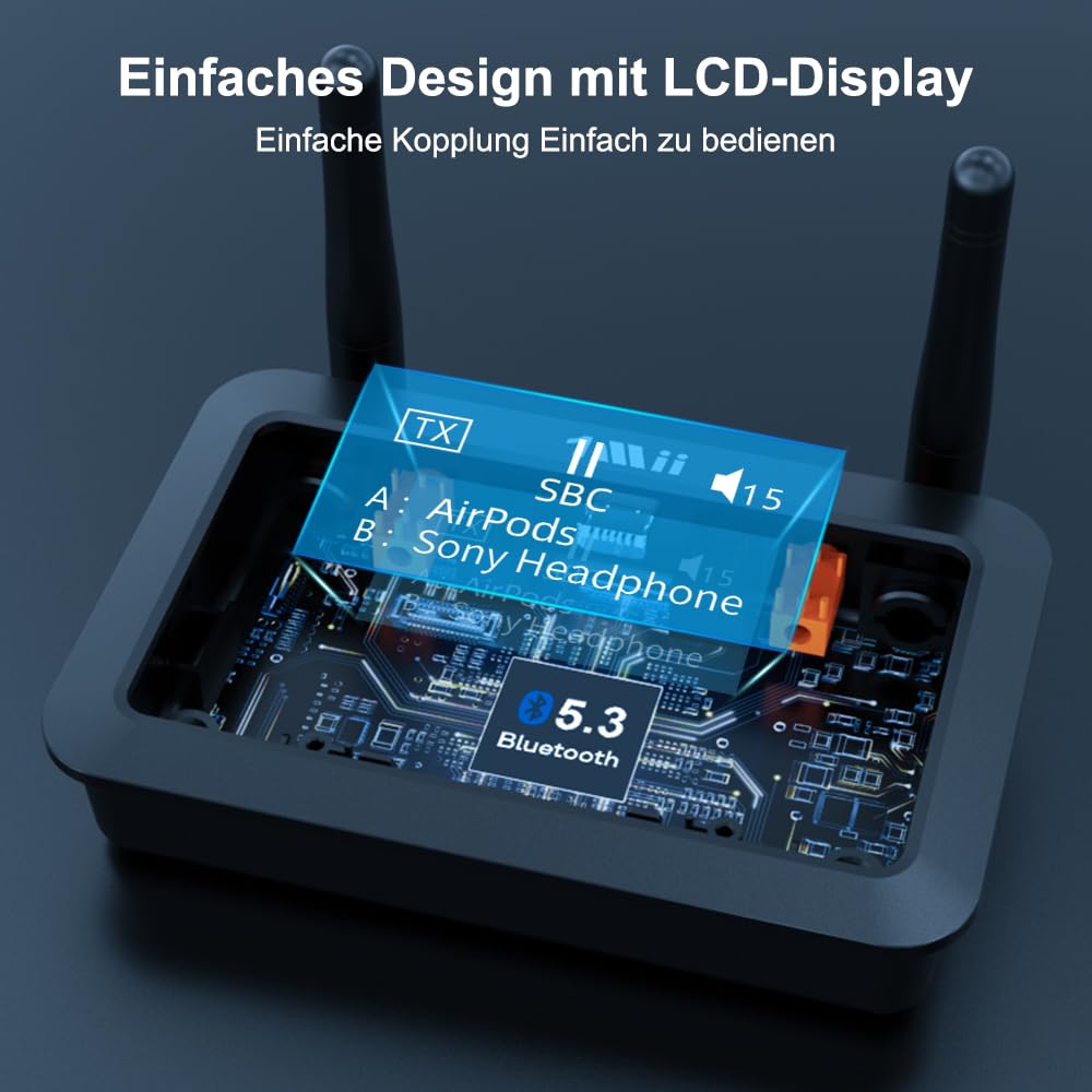 1Mii B03+ Bluetooth 5.3 Transmitter Empfänger für TV und Stereoanlage, Audio Adapter mit Display, Große Reichweite, aptX Low Latency HD Adaptive, Optisch Cinch 3,5 mm AUX