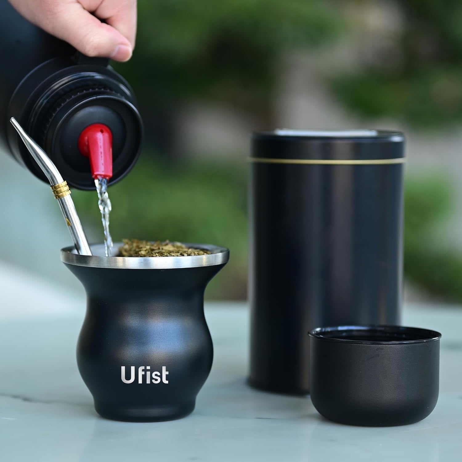 Complete Yerba Mate Cup Set - 304 18/8 Stainless Steel Modern Mate Gourd, Thermal Flask, Tea Container, 2 Bombillas and Cleaning Brush (Black Kit) - Image 2