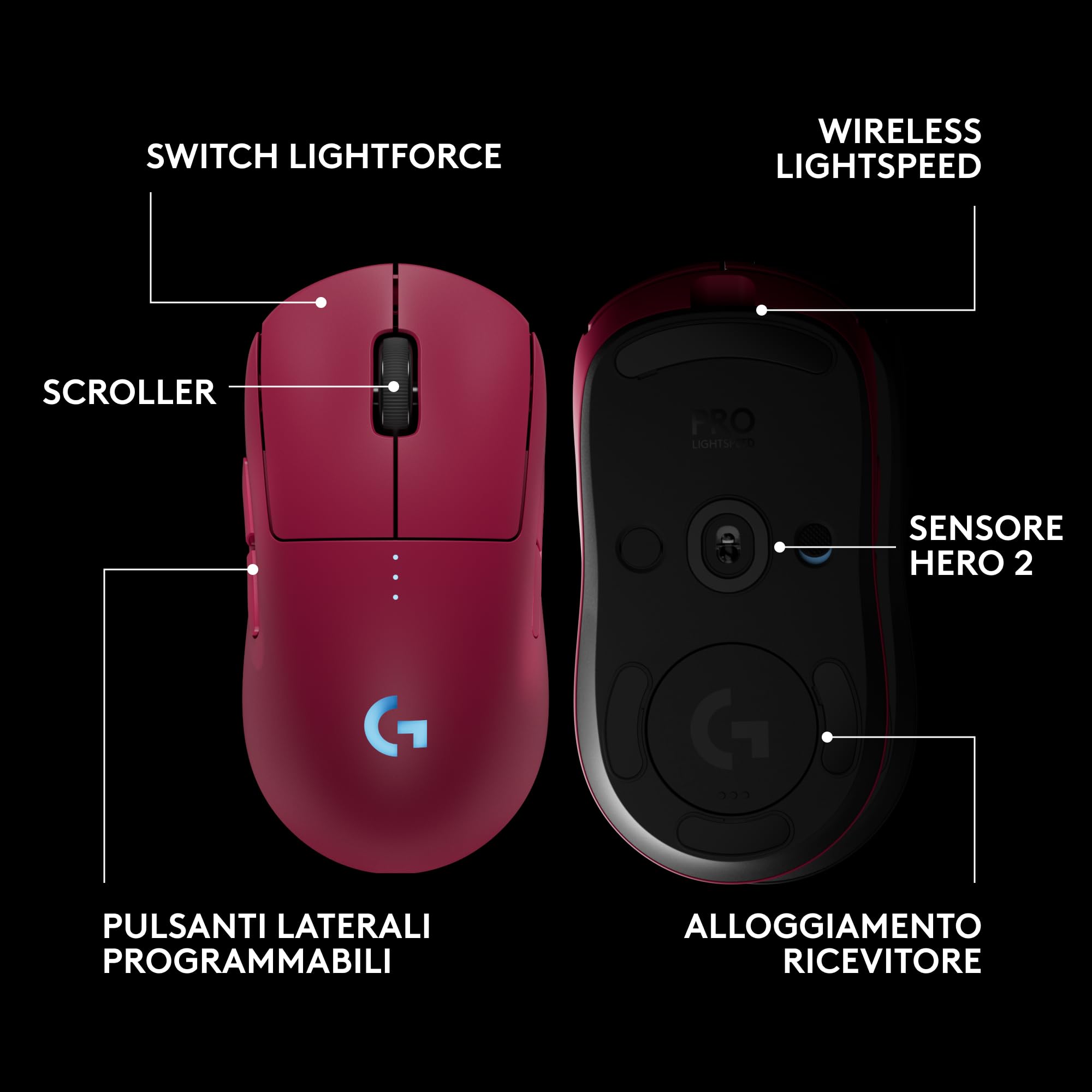 Logitech G PRO 2 LIGHTSPEED mouse da gaming wireless per destrimani o mancini, fino a 4 pulsanti laterali magnetici personalizzabili e commutabili, sensore da 44.000 DPI, ricarica USB-C, PC/Mac - Rosa