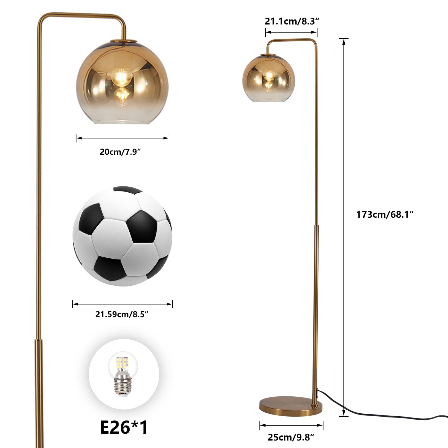 KCO Lampada da terra a sfera in vetro sfumato oro, lampada da terra moderna a sfera LED per ufficio, soggiorno, camera da letto (20,1 cm)