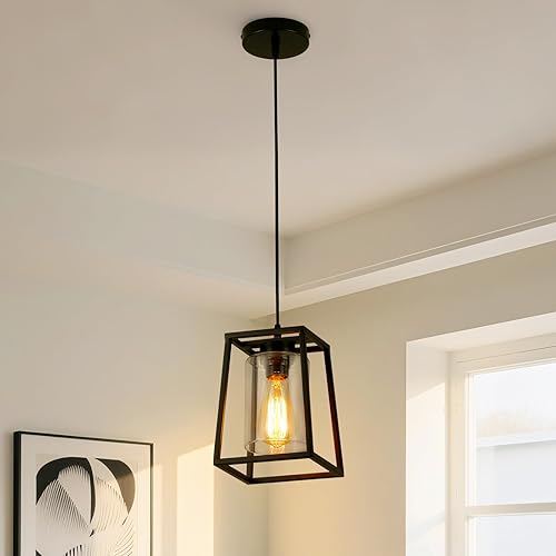 Luces colgantes negras para isla de cocina, lámparas colgantes de 1 linterna con pantalla de vidrio transparente para comedor, entrada, baño,