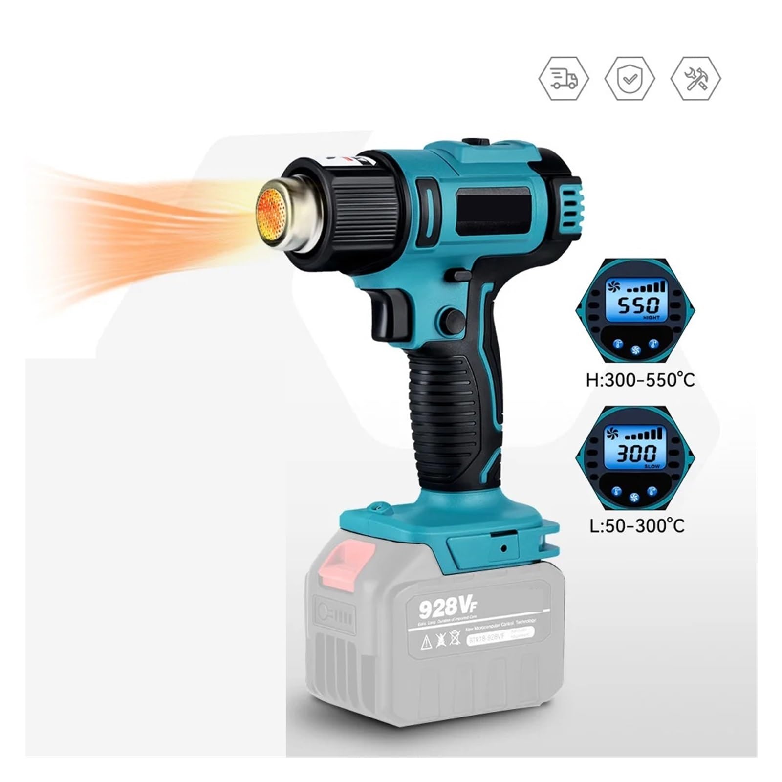 Opalarka 18 V 0–550 ℃ 2500 W 2-biegowa Regulacja 6-biegowa Prędkość Wiatru Bezprzewodowa Na Gorące Powietrze Silnik O Wysokiej WydajnośCi(7 Nozzles)