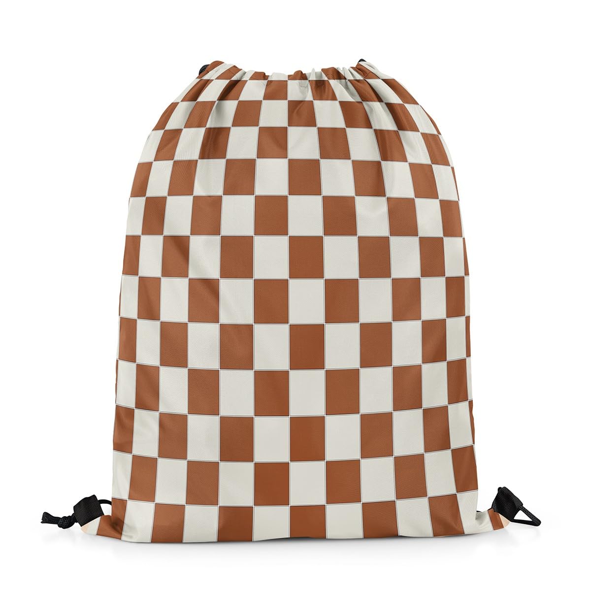 Erosebridal Plaid Drawstring Bags 13x15.7 Beige Caramel Brown Checkerboard Draw String Back Bag Geometric Checkered Drawstring Backpack,Aesthetic Grid