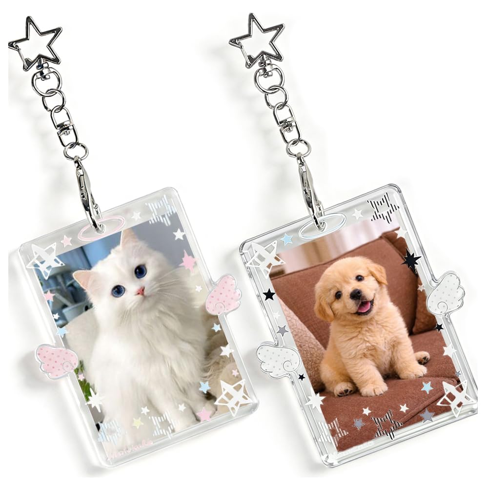 2 llaveros para tarjetas fotográficas de estrella blanca y rosa, bonito soporte para tarjetas de fotos de 3 pulgadas para mujer, soportes verticales para tarjetas de fotos, llavero de plástico