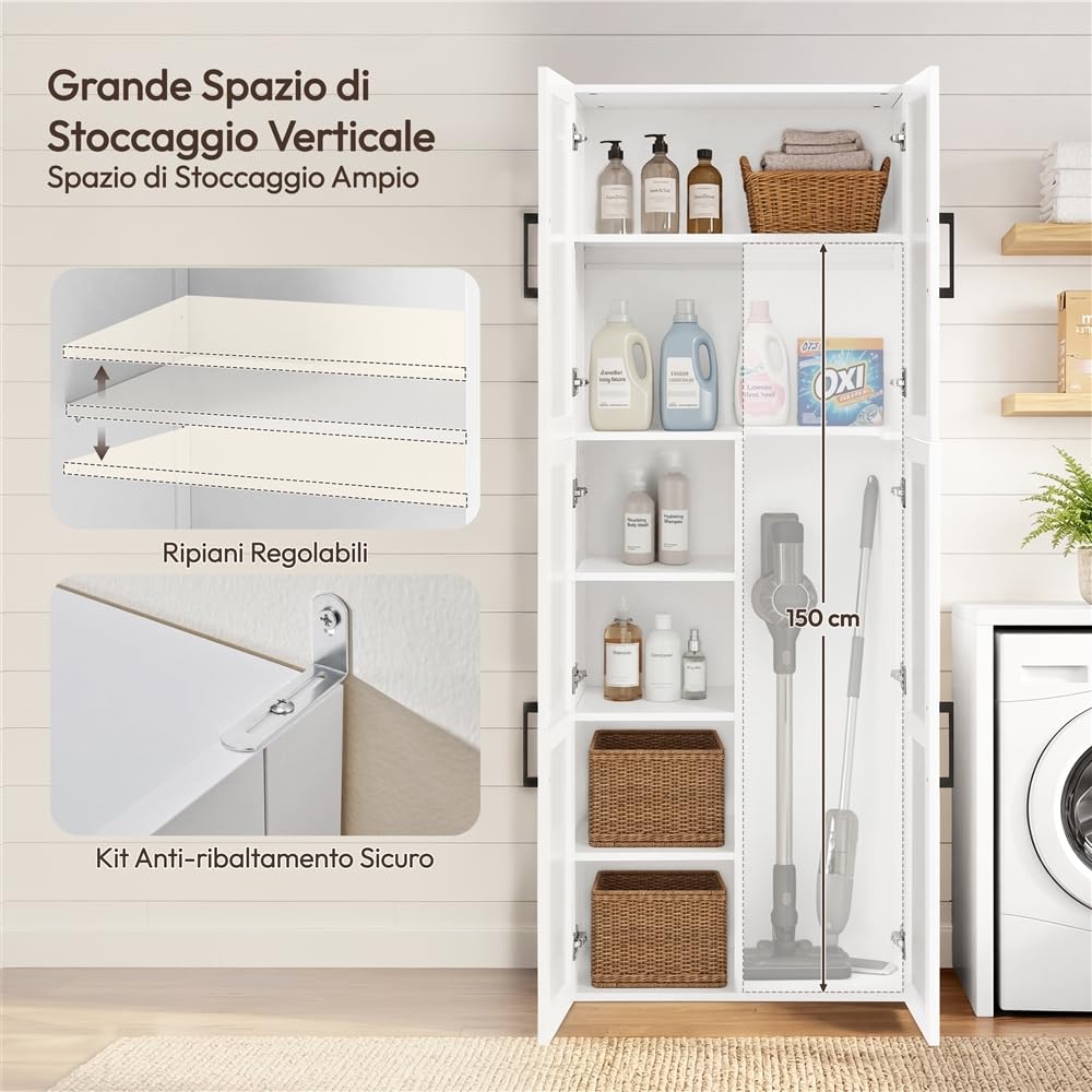 Yaheetech Armadio per Scope Alto 175,5 cm Armadio Multiuso a 4 Ante Scomparto per la Dispensa Profondo 37,5 cm Mobiletto Contenitivo Slanciato con Vano per l'Aspirapolvere Bianco