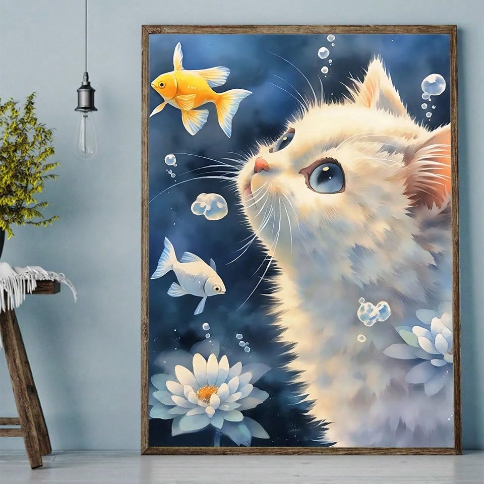 ダイヤモンドアート 四角いビーズ キット 子猫と金魚 40x30cm スクエアビーズ 人気 大人 子供 DIY 手作り 手芸 セット 芸術品 装飾 プレゼント