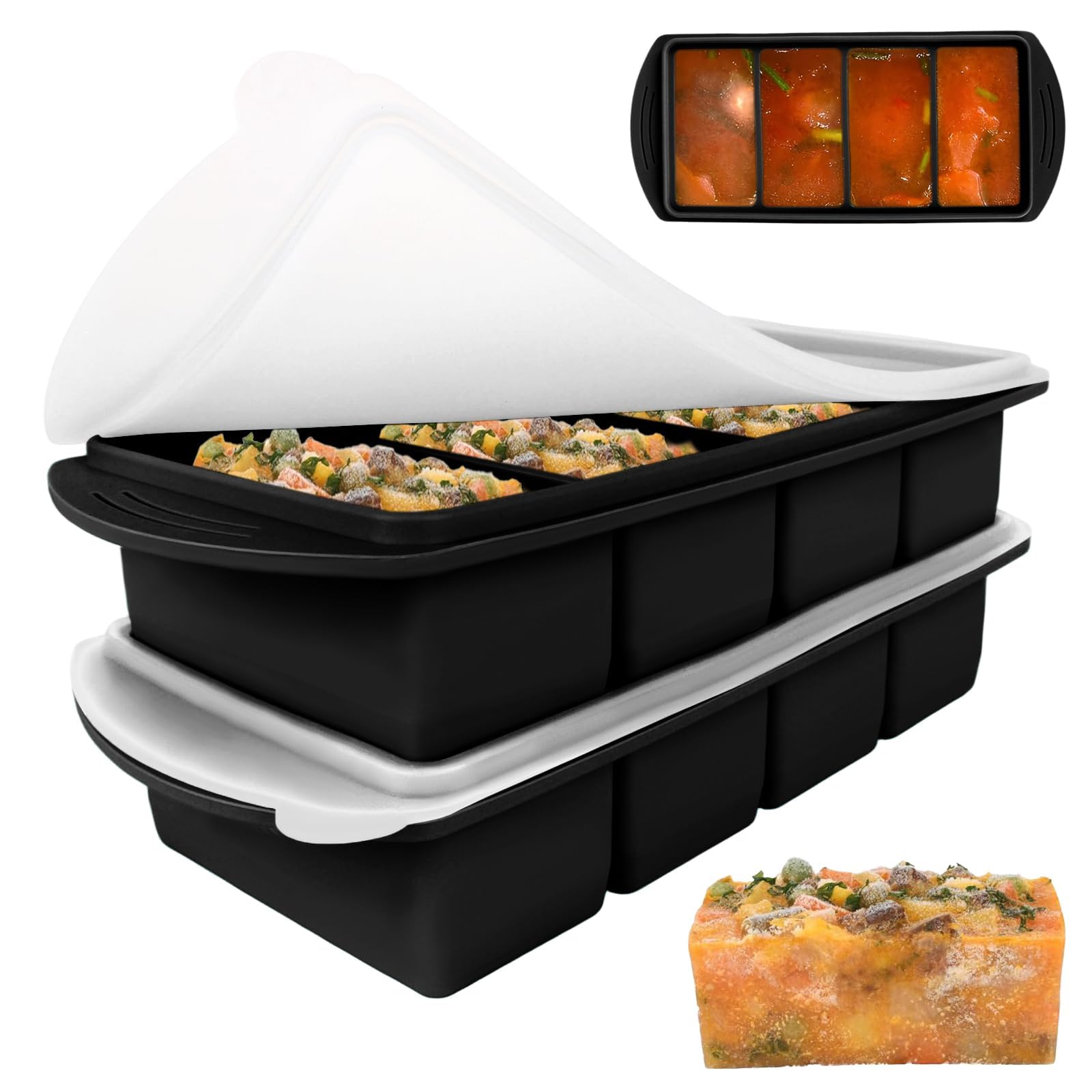 MyrkalaToy 2 Pack Soup Cube Silicone Freezer Tray, 1000ML Freezer Containers with Lid, 4-Compartment, Silicone Freezer Moulds with Lid, for Broth, Sauce, Meal Prep ﻿