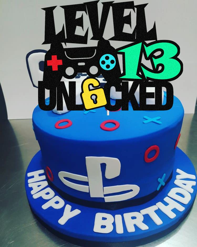 Level 13 Unlocked Sign Cake Topper - Happy 13th Birthday Level Up Thirteenth Cake Decorations for Video Game Controller Themed Kids Boy Girl Bday Party Supplies Double Sided