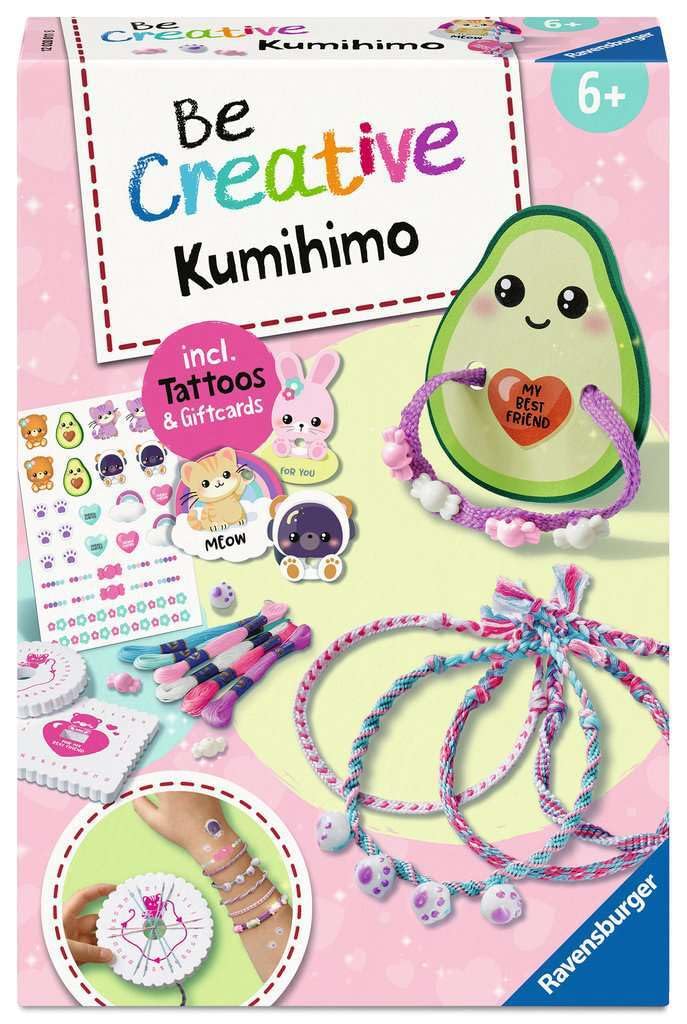 Ravensburger BeCreative Kumihimo & Tattoos Kawaii - Craft Set for Children from 6 Years, Friendship Ribbon Braiding for Girls and Boys - 12028011