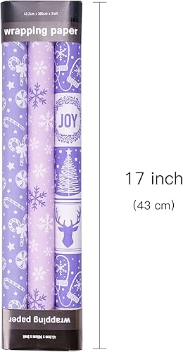 Miniatura 7 de LeZakaa Mini rollo de papel de regalo de Navidad, diseño de campana y árbolbastones de caramelocopos de nieve, color morado claro, para envolver