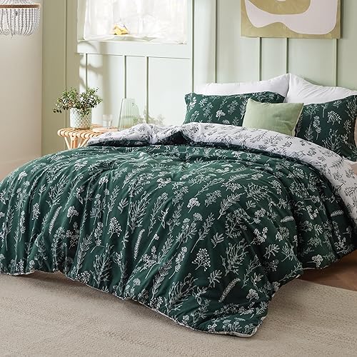 Image of Bedsure King Comforter Set - Dark Green Bed Set, 3 Pieces Cute Floral Bedding, 1 Soft Reversible Botanical Flowers Comforter and 2 Pillow Shams